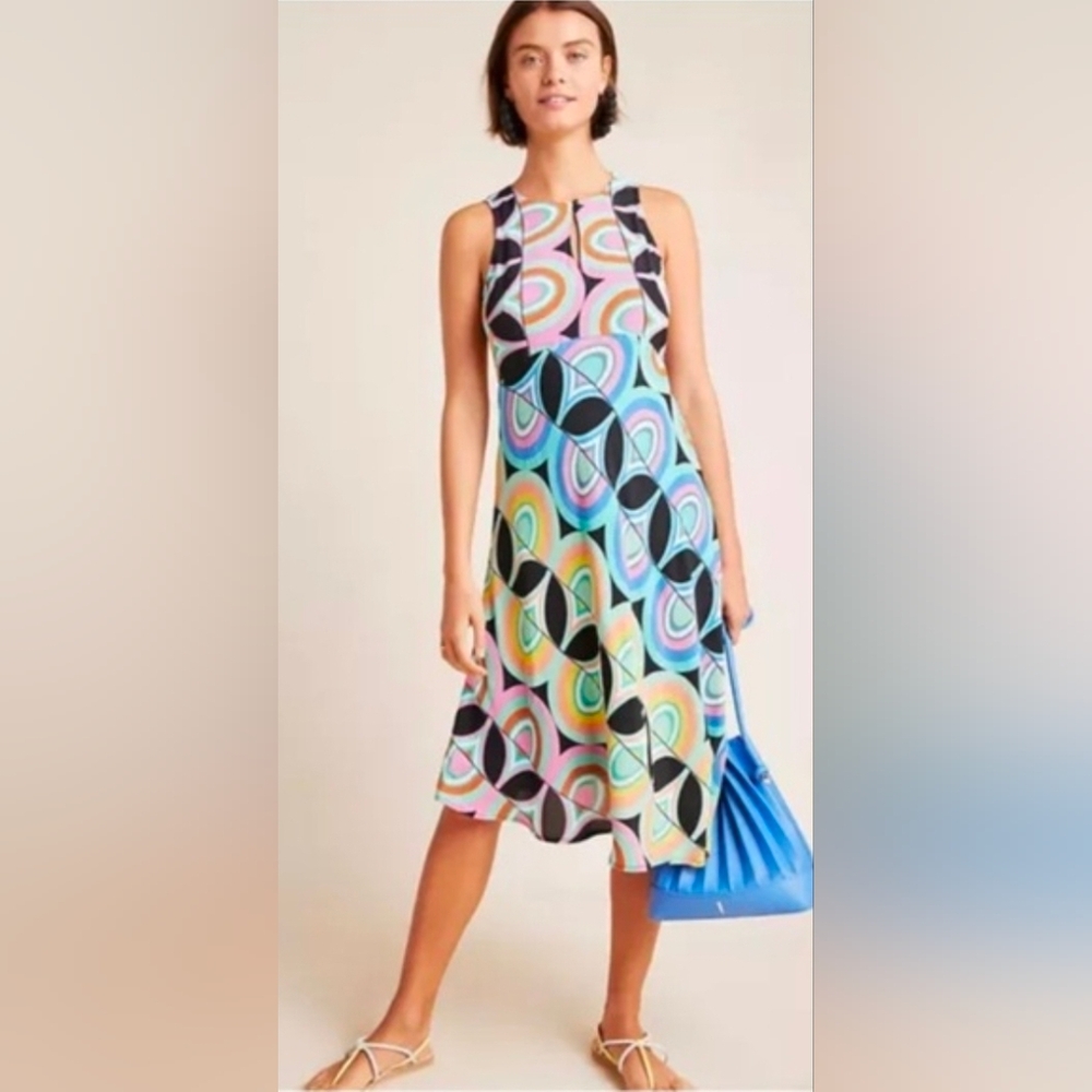 Anthropologie Kenzie Mod Retro Sleeveless Midi Colorful, Asymmetric Dress 👌